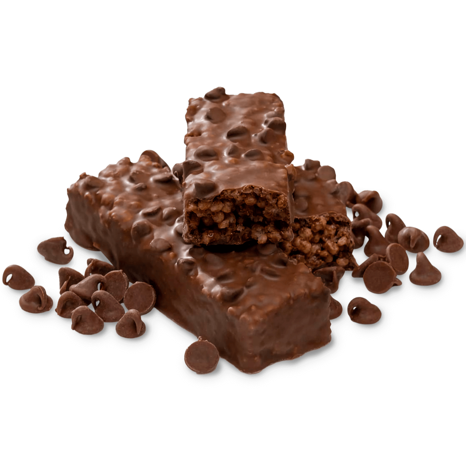 Delicious protein bars coated in chocolate, with crispy texture and scattered chocolate chips.